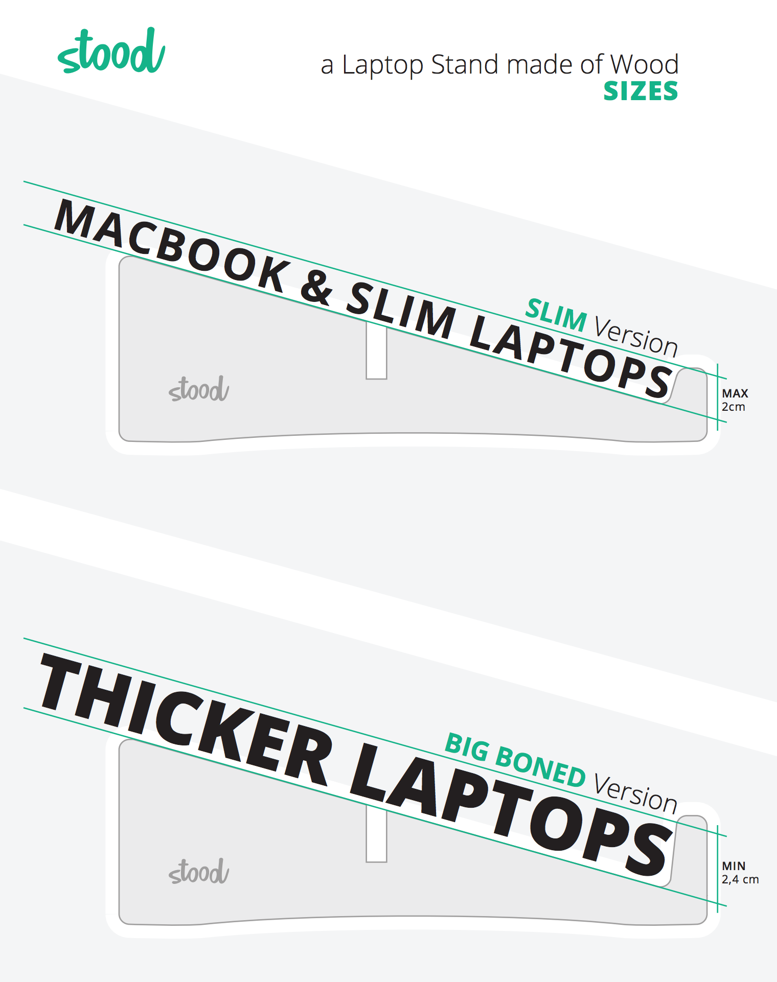 Size guide: Slim version for laptops up to 2 cm, Big boned version for laptops 2.4 cm and above